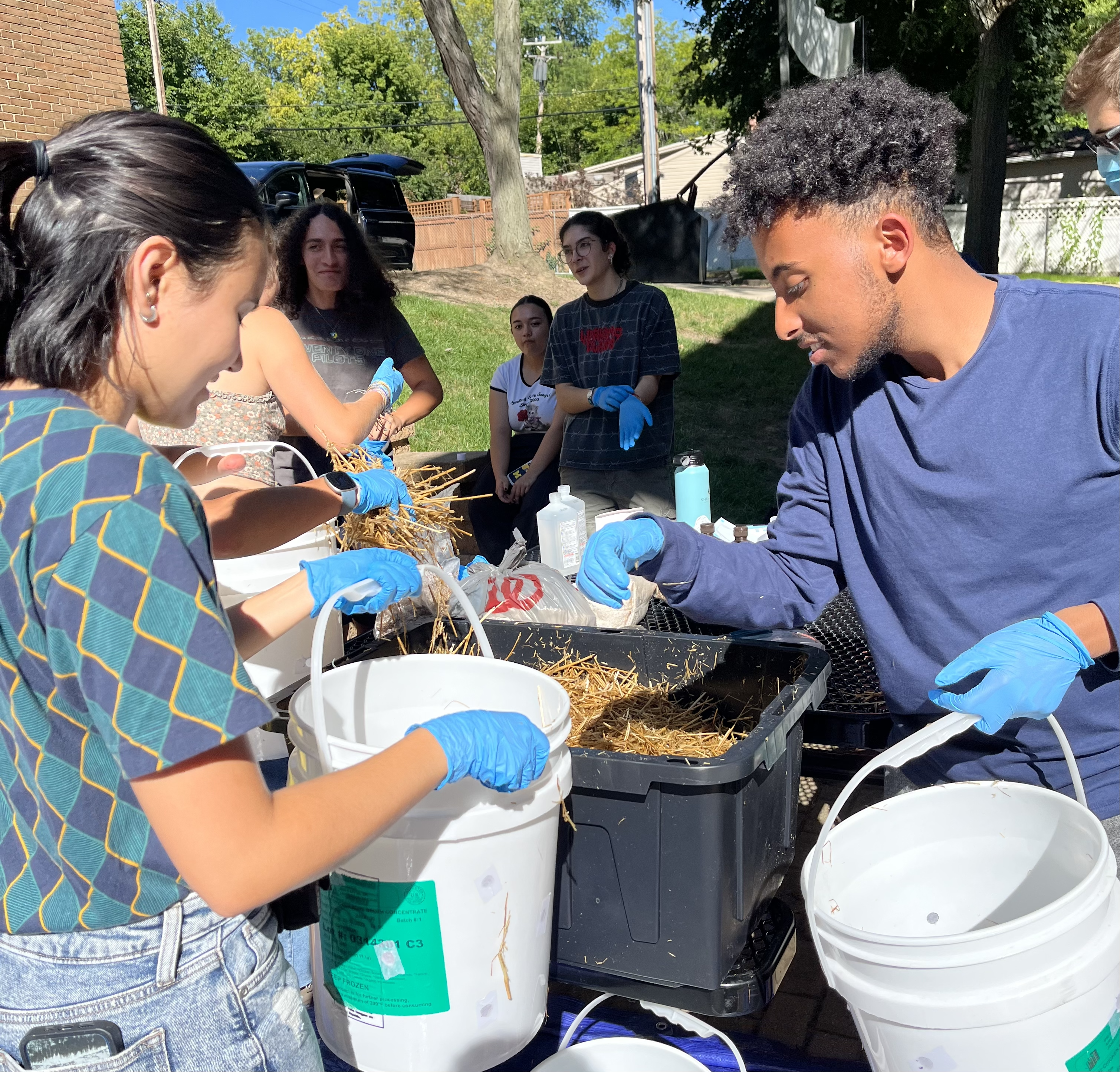 Sustainable Living Experience students setting up the five-gallon buckets used to grow mushrooms.